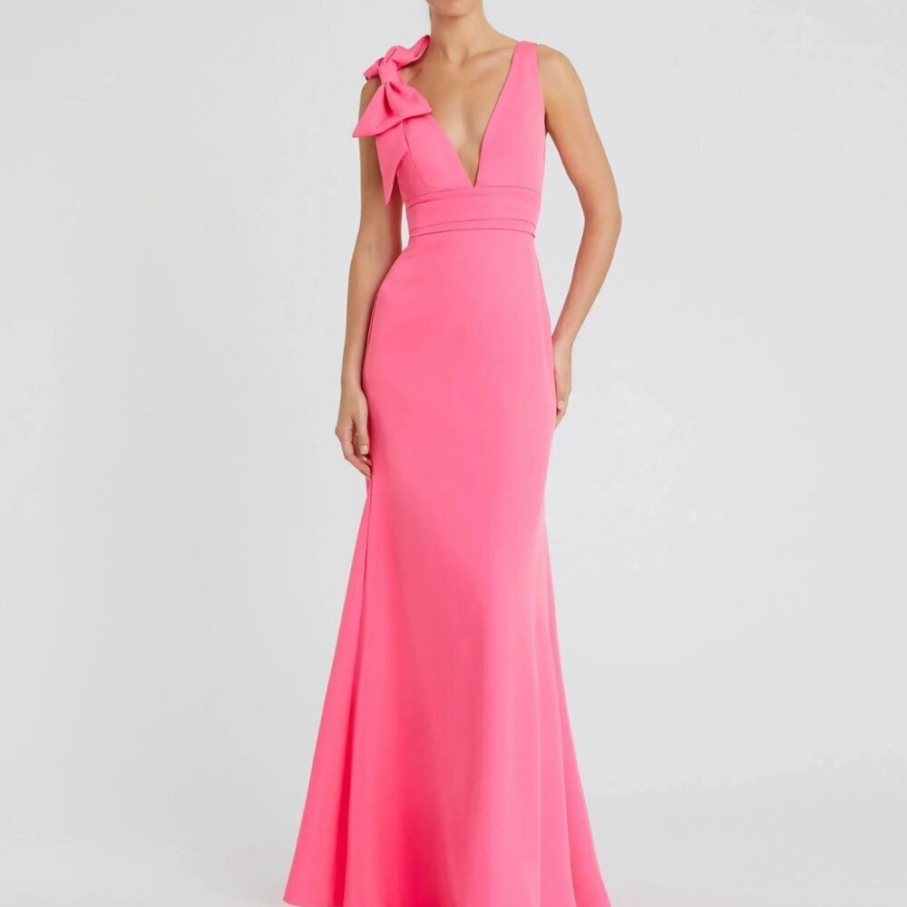 Mac Duggal Size 10 Candy Pink Bow Shoulder V-Neck Maxi Gown Dress Prom Formal